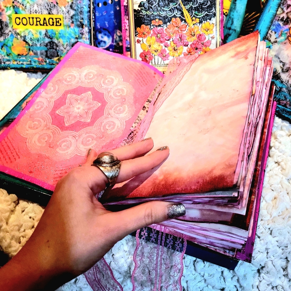 Rose Gold Pink Music and Butterflies Handmade Canvas Journal Hand Dyed Pages - Picture 3 of 12